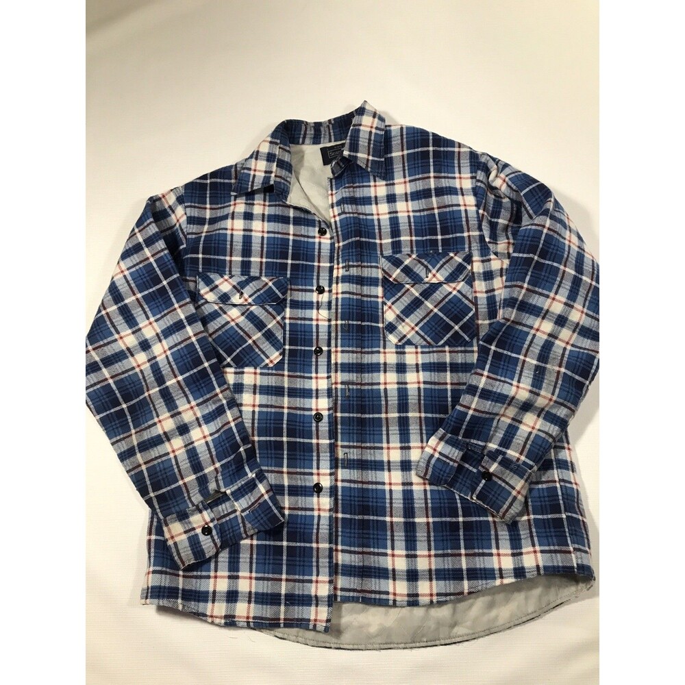 Vintage Sears Flannel Shirt Jacket Mens L Navy Shadow Plaid Button Up 70s USA